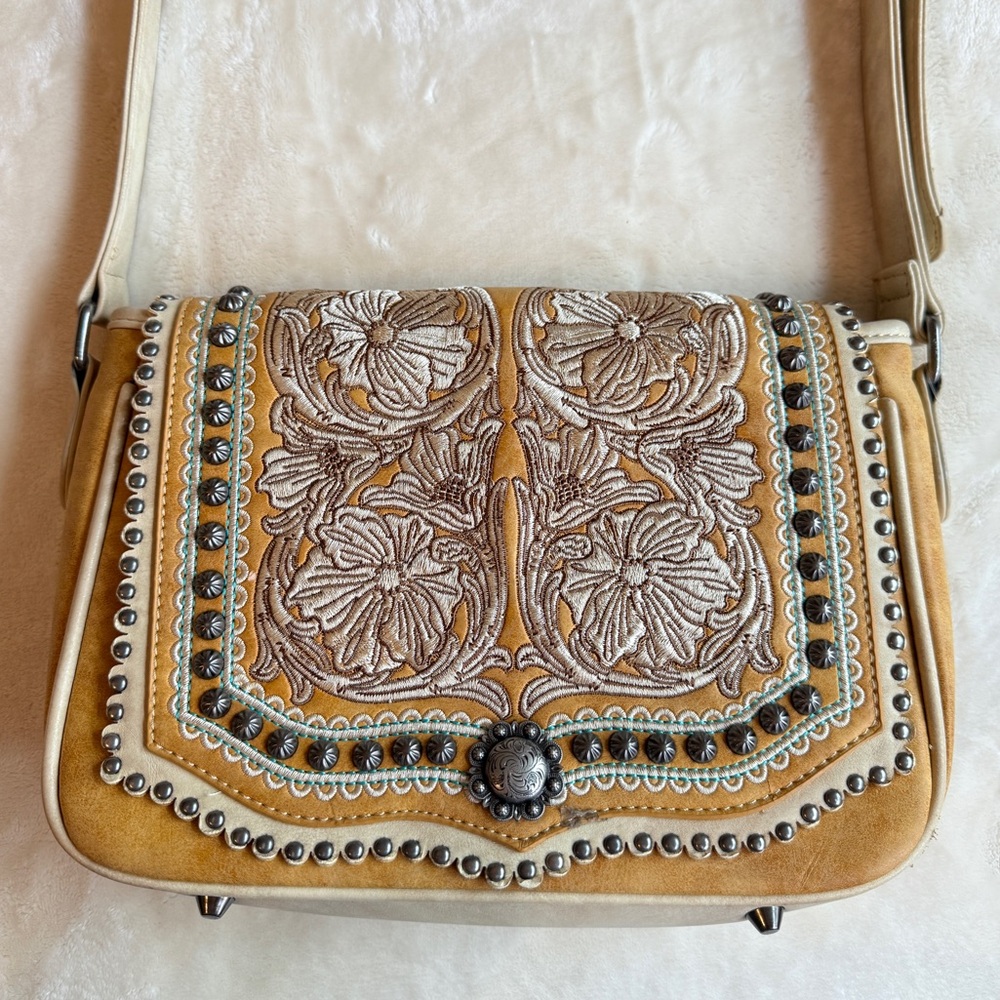 Montana West Tan Floral Studded Shoulder Bag